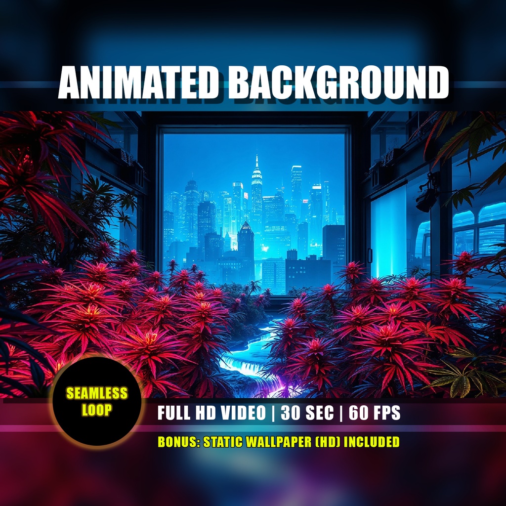 【アニメ背景】室内大麻庭園と近未来都市・赤く輝く大麻草 - ライブ壁紙 | Indoor Marijuana Garden Cityscape Animated Background, Red Cannabis Plants, Trippy Overlay, Twitch VTuber YouTube Loop Video