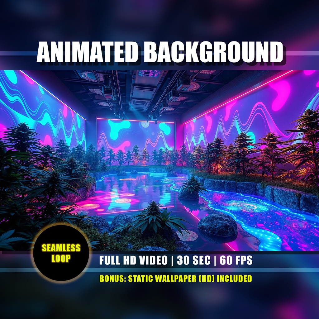 【アニメ背景】サイケデリックな大麻池スタジオ・ネオンの青ピンクの波 - ライブ壁紙 | Psychedelic Marijuana Garden Pond Studio Animated Background, Trippy Vibrant Neon Blue Pink Waves, Twitch YouTube VTuber Loop Video