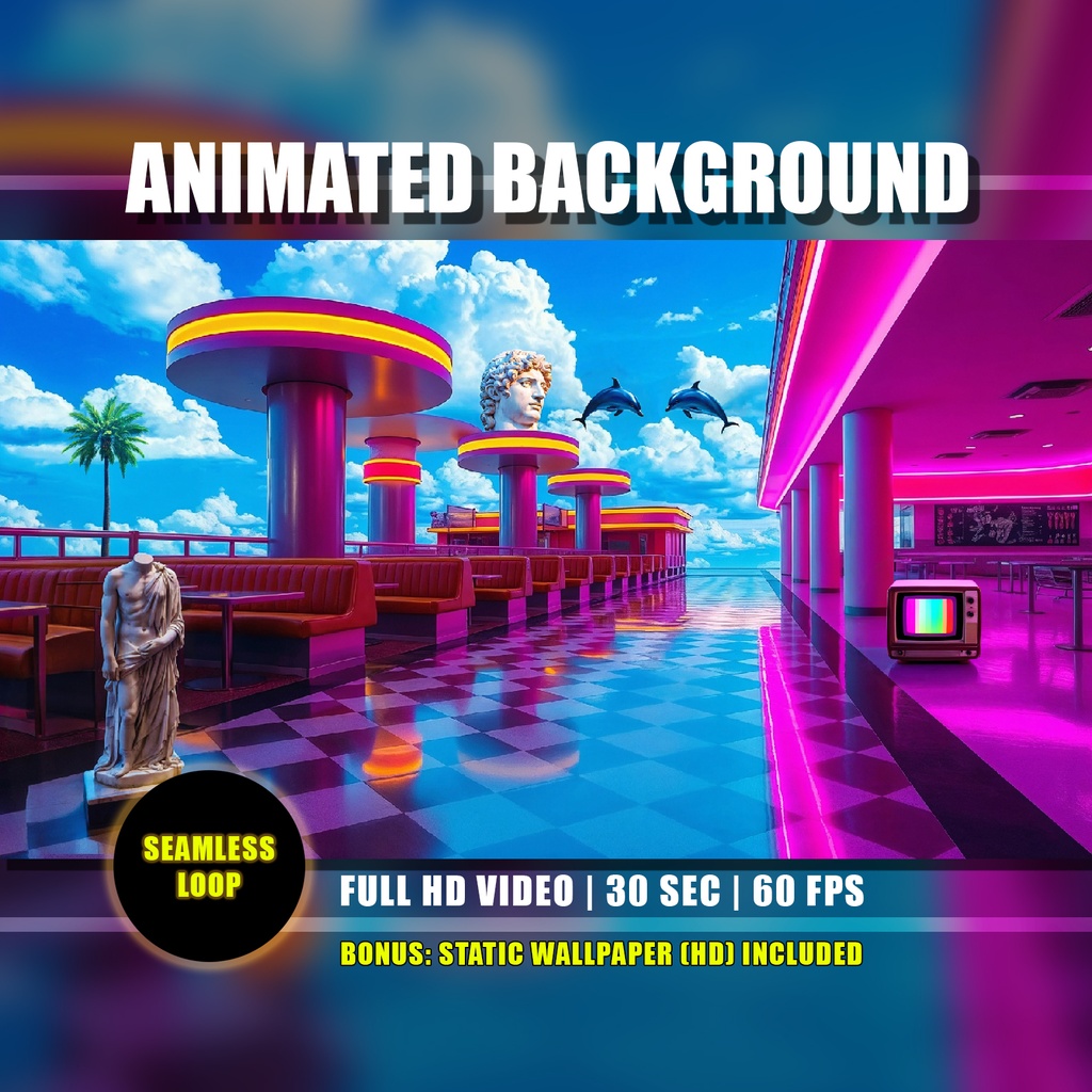 【動く背景】ヴェイパーウェイヴ・アウトドアレストラン - イルカとレトロ夢 | Vaporwave Outdoor Restaurant, Retro Dreamcore Live Wallpaper, Dolphins, Vtuber Stream Overlay Loop