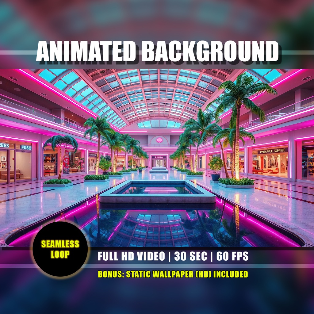 【動く背景】ヴェイパーウェイヴ・レトロモール | Animated Background - Vaporwave Retro Mall, Neon Pink Lights, Shopping Liminal Space, Twitch YouTube VTuber Overlay Loop