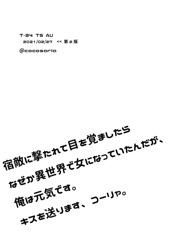 【女体化パロ】宿敵に撃たれて目を覚ましたらなぜか異世界で女になっていたんだが、俺は元気です。キスを送ります、コーリャ。