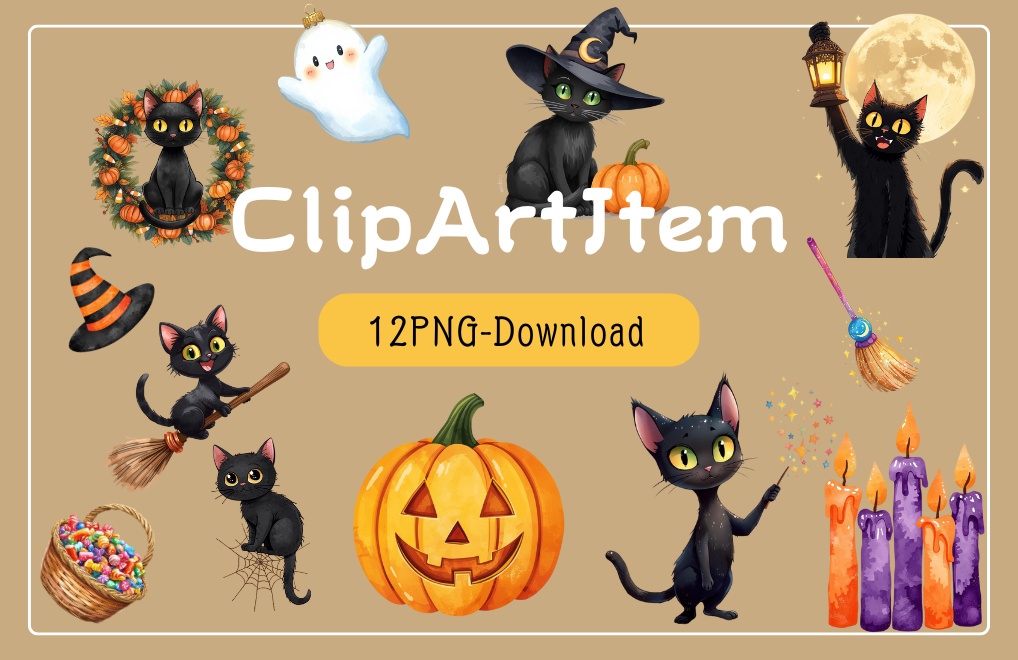 【PNG】ハロウィン黒猫イラスト素材セット｜ポップでかわいいクロネコの背景透過クリップアート（12点）