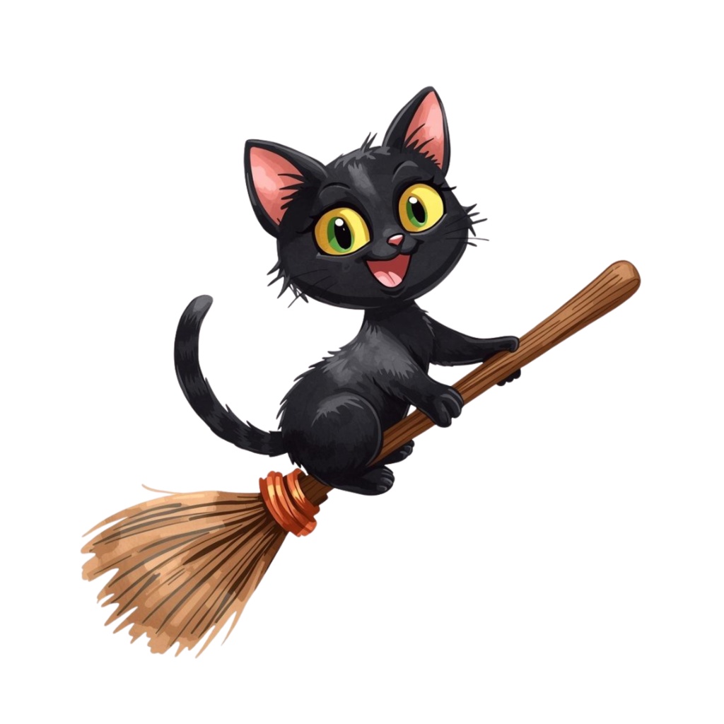 【PNG】ハロウィン黒猫イラスト素材セット|ポップでかわいいクロネコの背景透過クリップアート(12点)