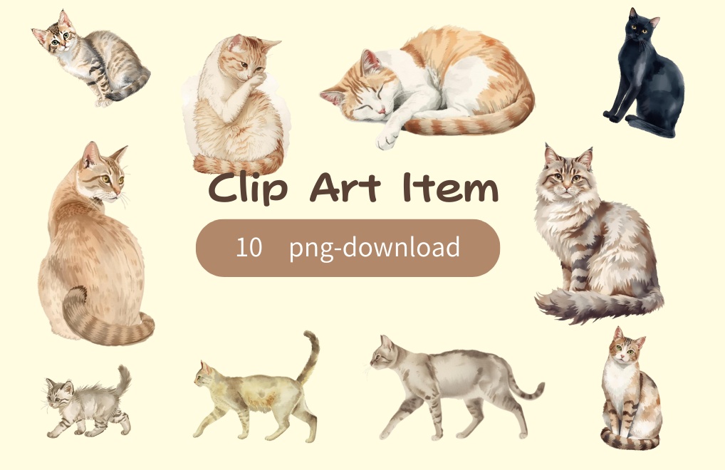 【PNG】クラシカルな猫のイラスト素材セット｜手書き風クラシカルな猫の背景透過クリップアート（10点）