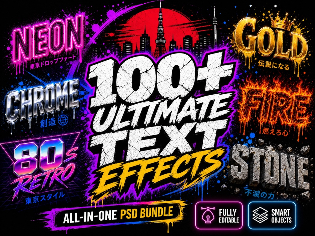 100+ Ultimate Photoshop Text Effects Bundle - Cyberpunk, Anime & 3D Styles