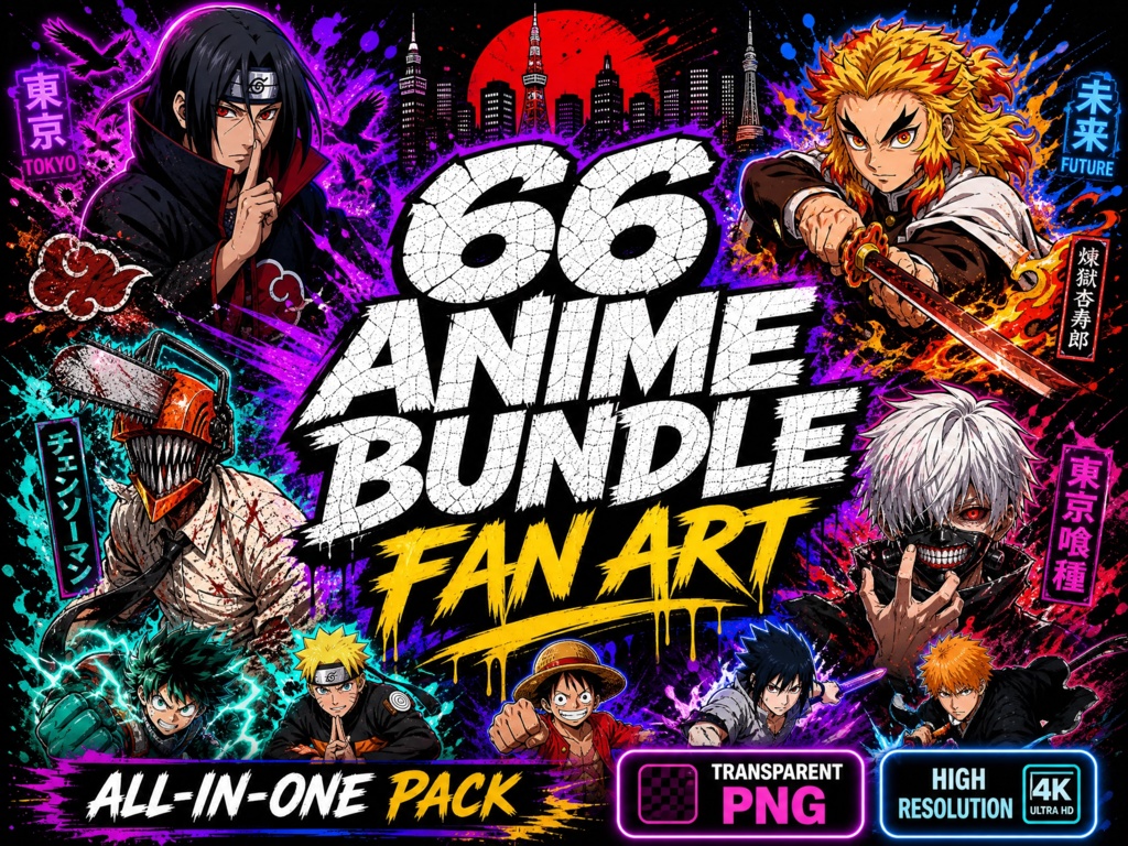 🔥 66 Anime Fan Art PNG Bundle | High-Resolution Transparent Characters