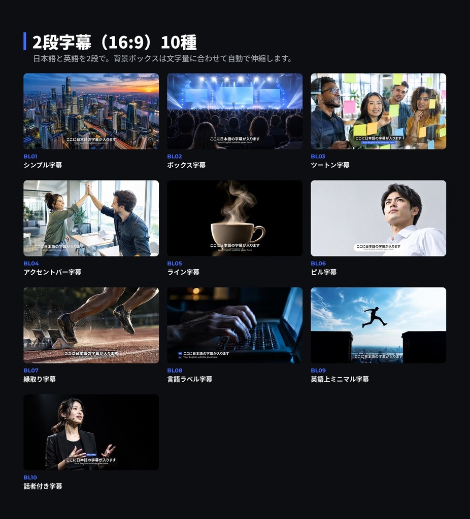 【Premiere Pro】英日バイリンガル字幕キット 31種|2段字幕・名前テロップ・章タイトル(.mogrt)