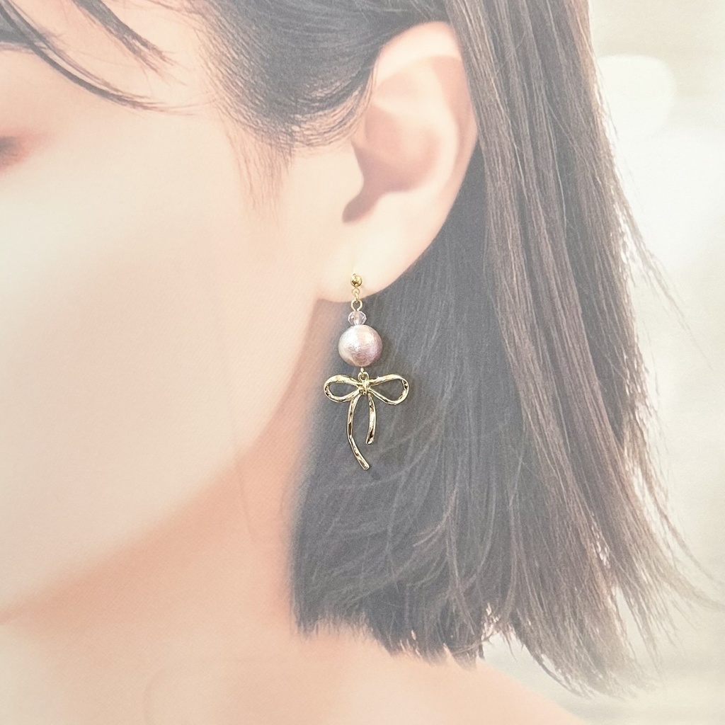 1830グラデーションコットンパールとリボンのピアス