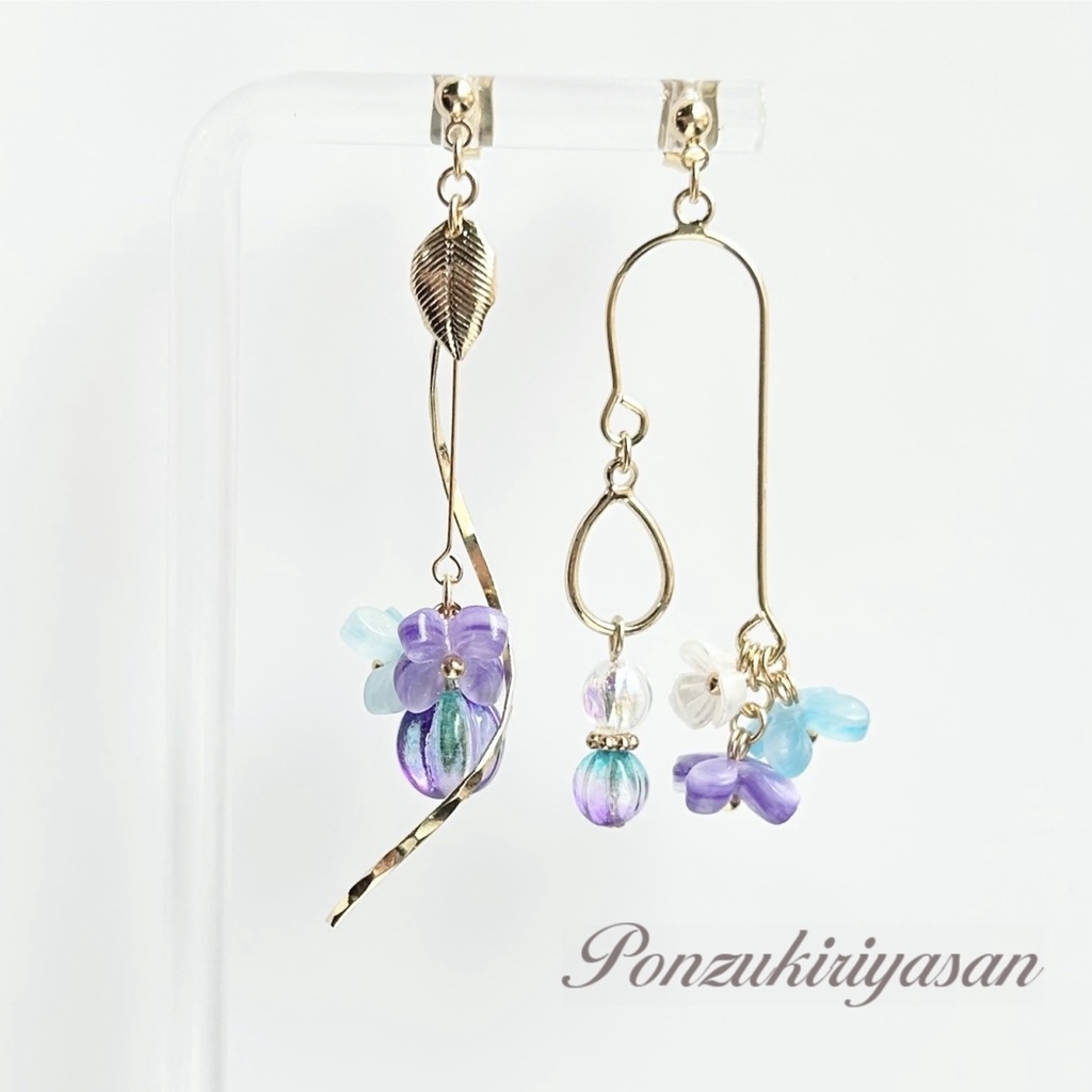 1844紫陽花のロングアシメピアス