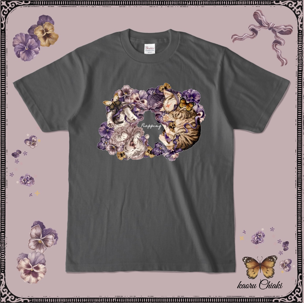 【受注生産】猫とパンジーTシャツ(チャコール・アッシュ)