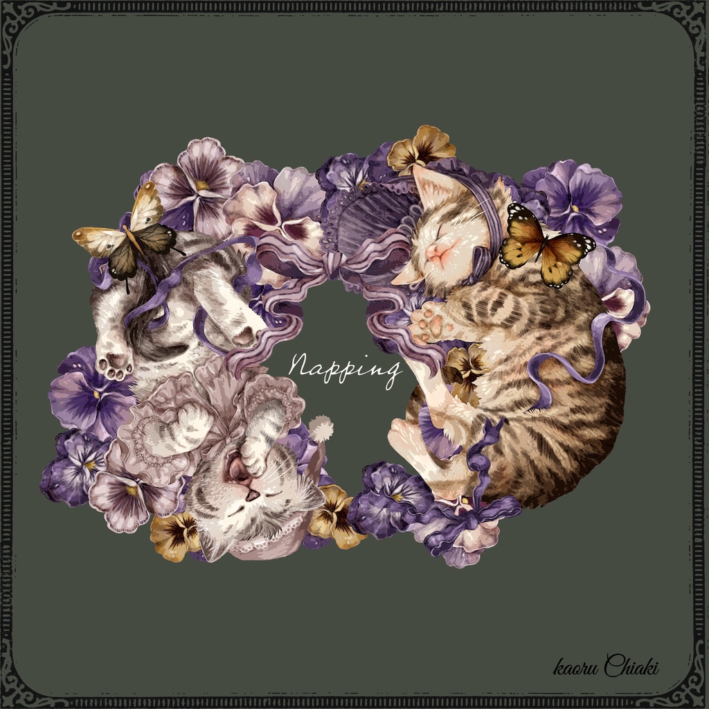 【受注生産】猫とパンジーTシャツ(チャコール・スモークホワイト)