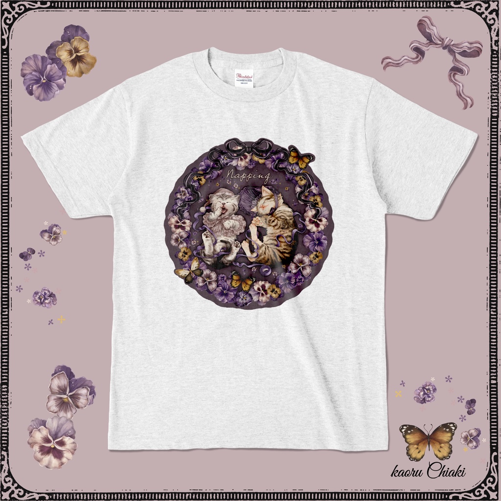 【受注生産】猫とパンジーTシャツ円形(アッシュ・ブラック)