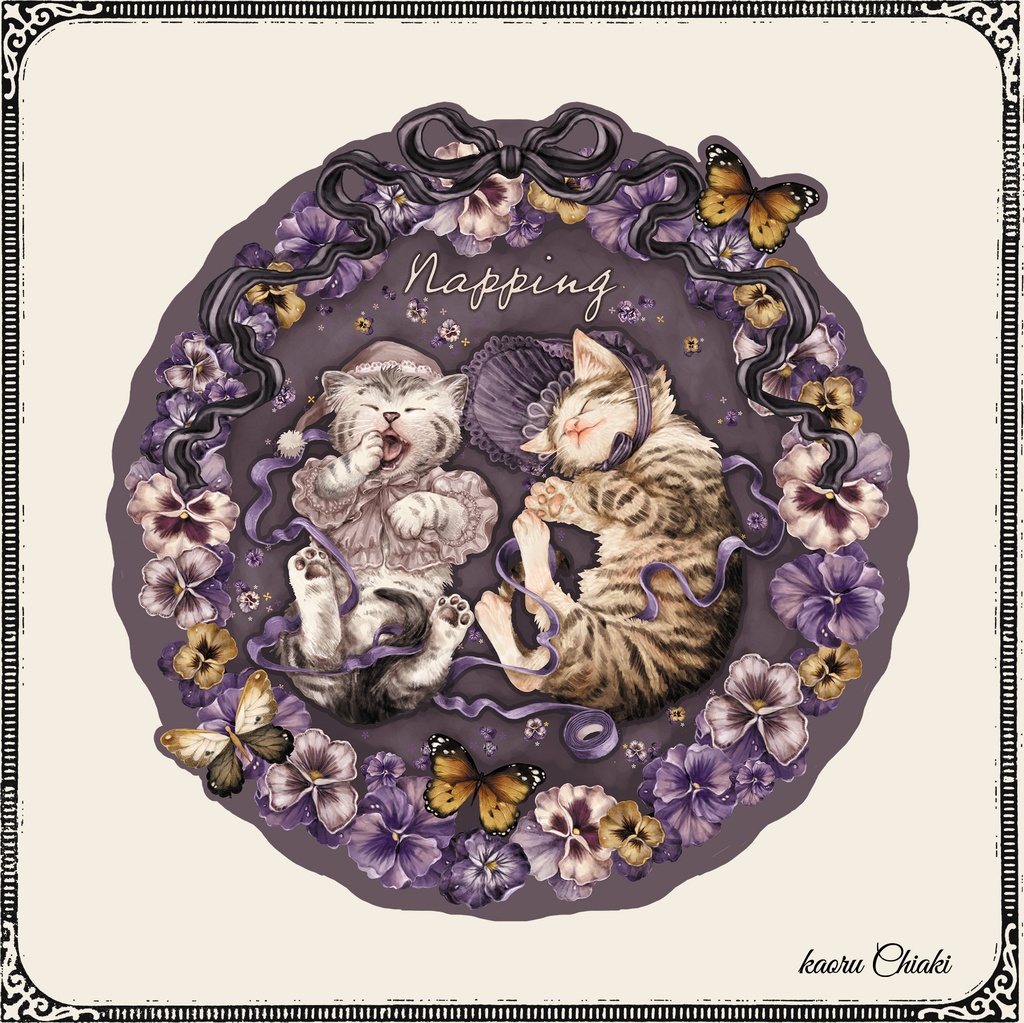 【受注生産】猫とパンジーTシャツ円形(スモークホワイト、ブラック)