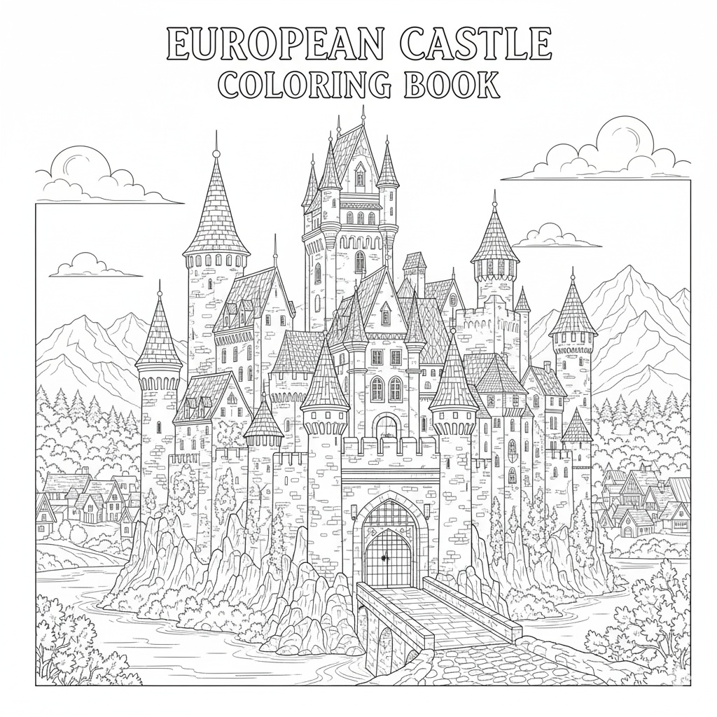 お城、イラスト、塗り絵