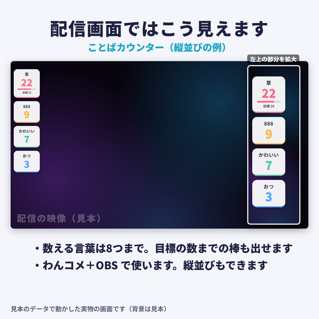 【初心者向け・導入ガイド付】ことばカウンター|「おはよう」「草」「888」などコメントの言葉を数えて表示【わんコメテンプレート】