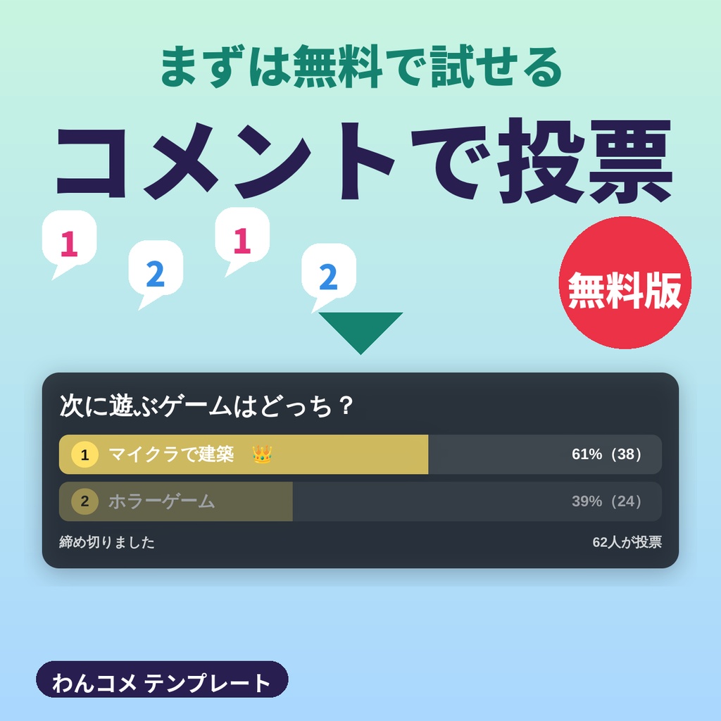 コメントで投票 無料版|番号コメントで2択をリアルタイム集計【わんコメテンプレート】