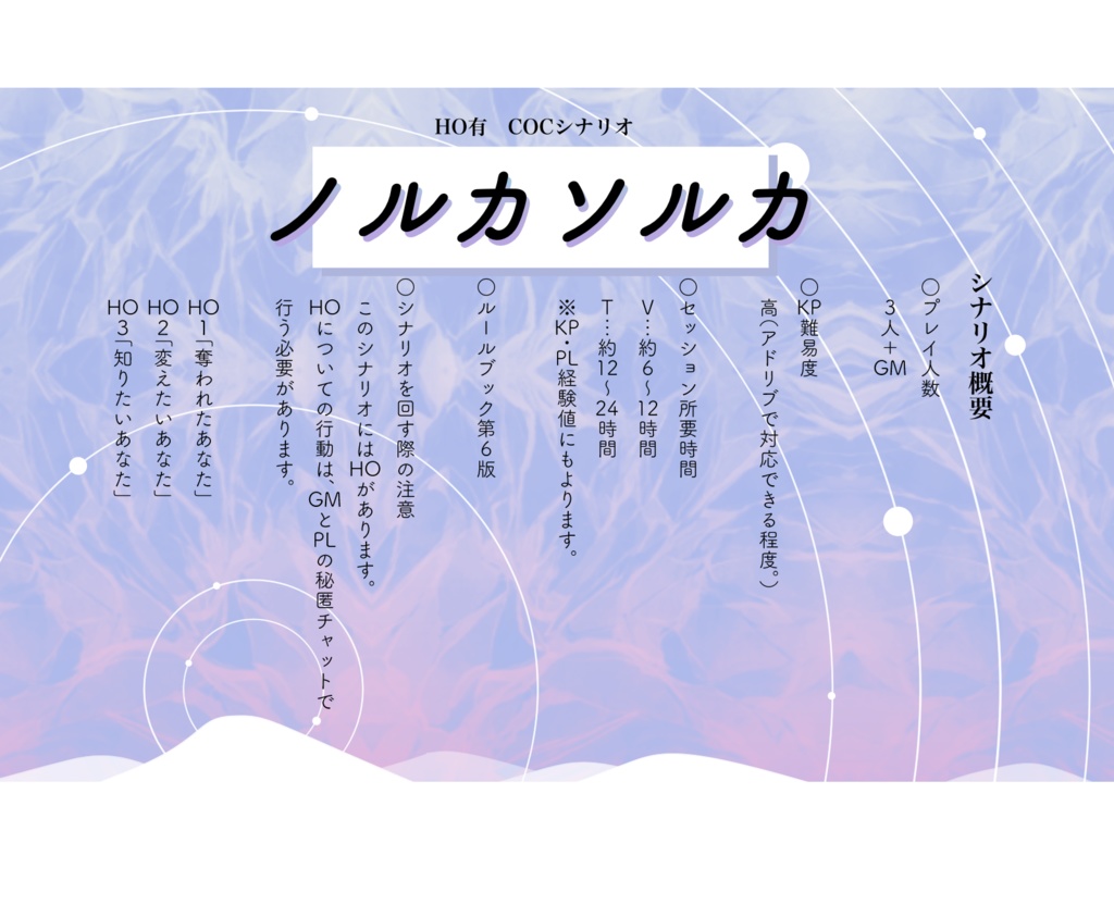 セール中!【CoCシナリオブック】ノルカソルカ【HOあり・3人用】