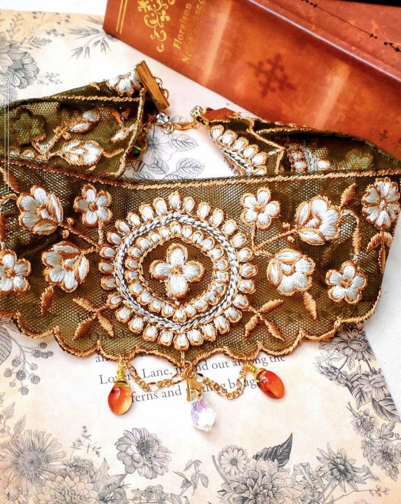 112B級品☆ヴィンテージ風刺繍リボンチョーカー♡クラシックロリィタアクセサリー