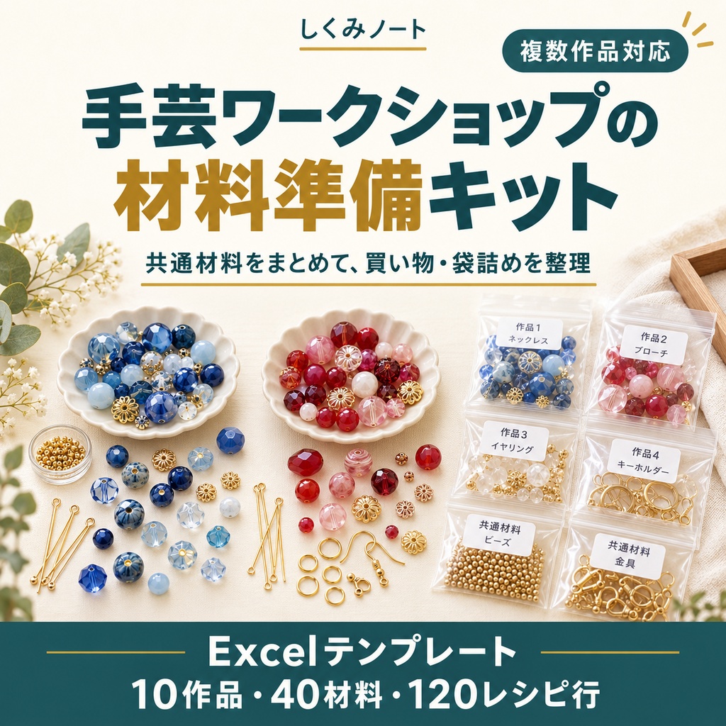 手芸ワークショップの材料準備キット｜複数作品の買い物・袋詰め表を作るExcel