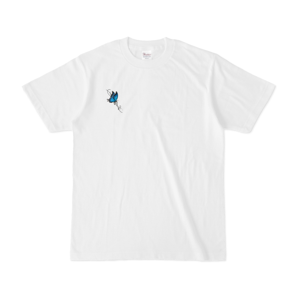 青い蝶のロゴつきTシャツ