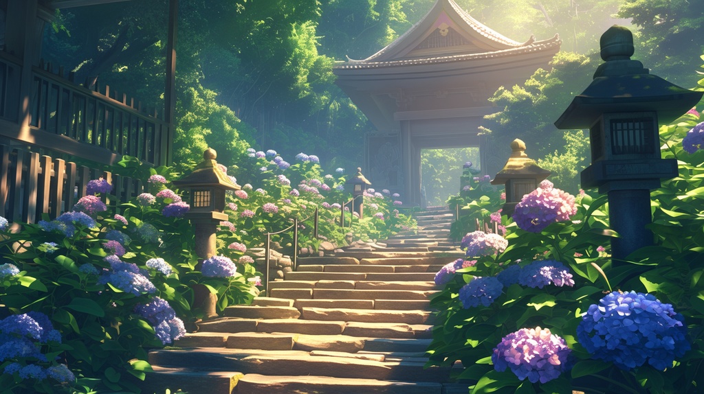 【フリー素材】お寺(あじさい)