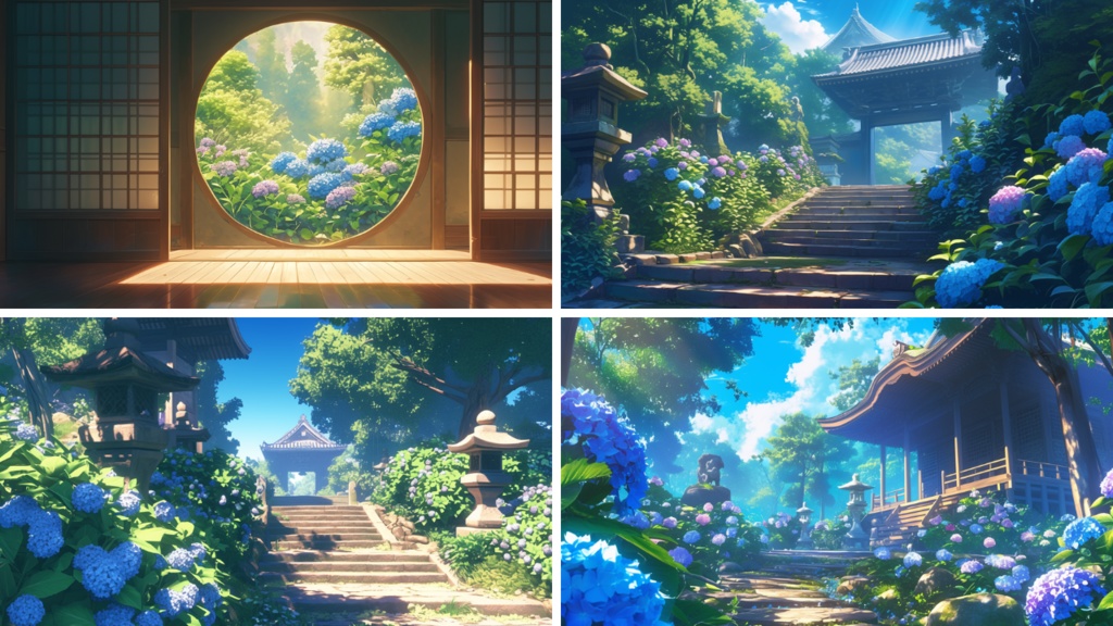 【フリー素材】お寺（あじさい）