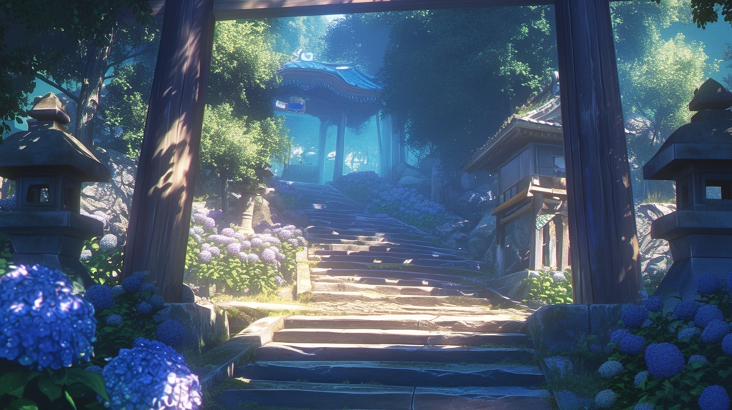 【フリー素材】お寺(あじさい)