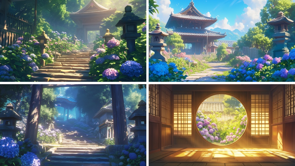 【フリー素材】お寺(あじさい)