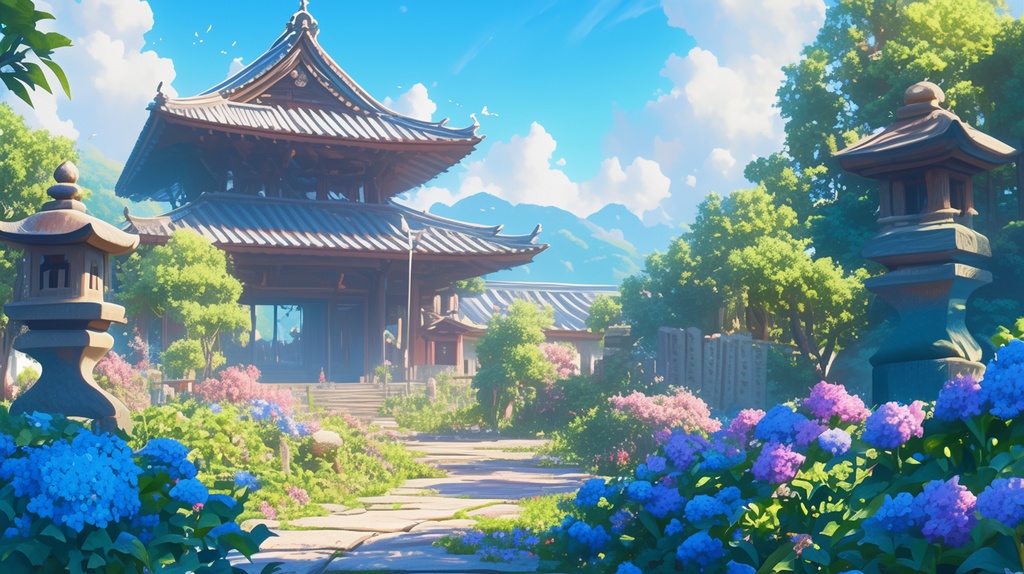 【フリー素材】お寺(あじさい)