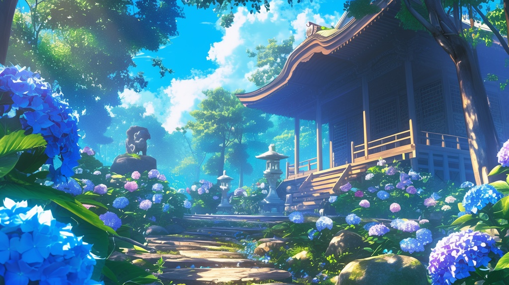 【フリー素材】お寺(あじさい)