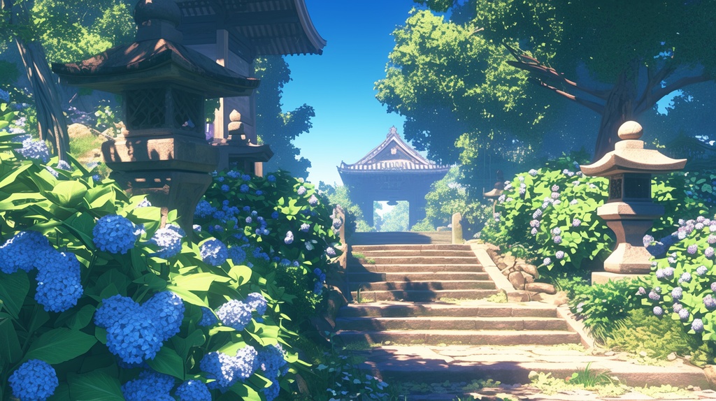 【フリー素材】お寺(あじさい)