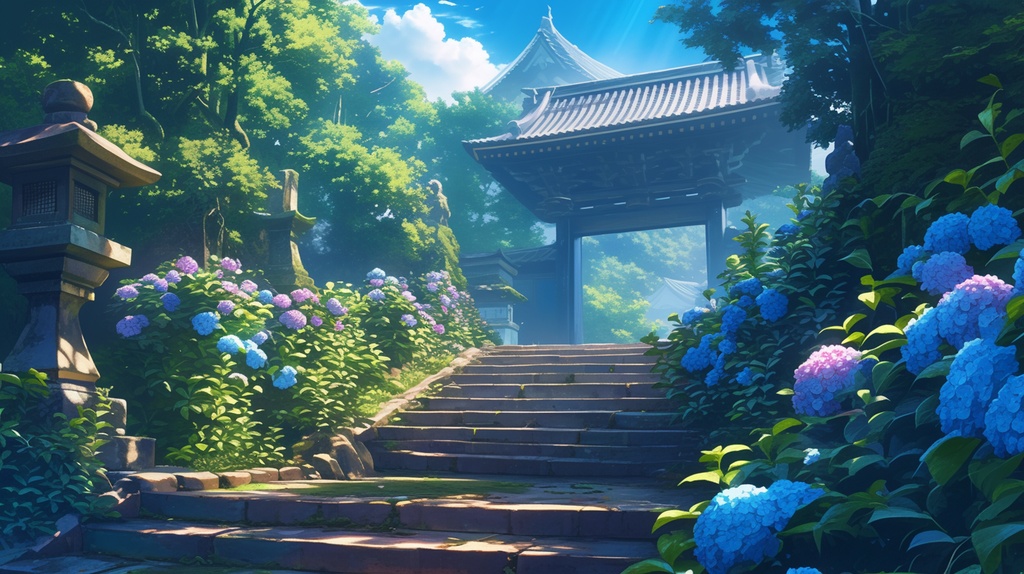 【フリー素材】お寺(あじさい)