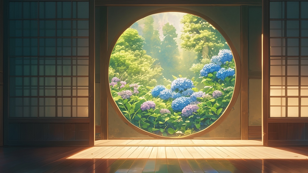 【フリー素材】お寺(あじさい)