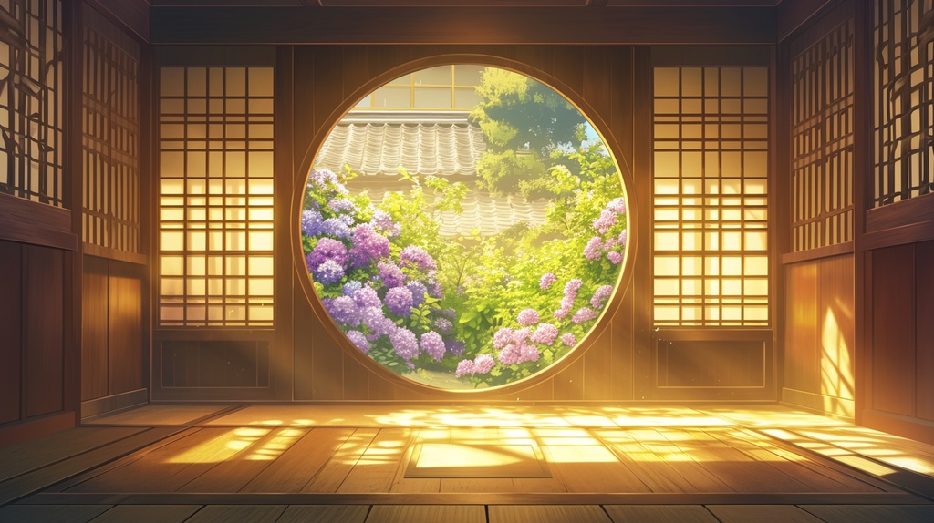 【フリー素材】お寺(あじさい)