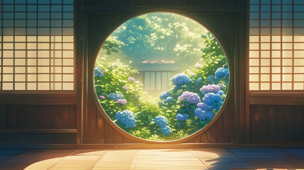 【フリー素材】お寺(あじさい)