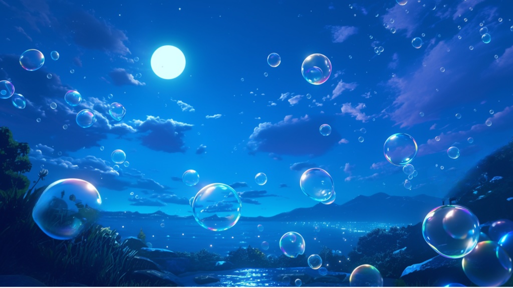 【フリー素材】空に舞うしゃぼん玉(夜)