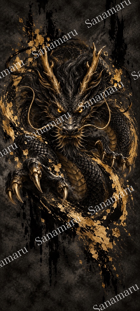 【スマホ壁紙】黒龍×金｜幻想的な和モダン待ち受け