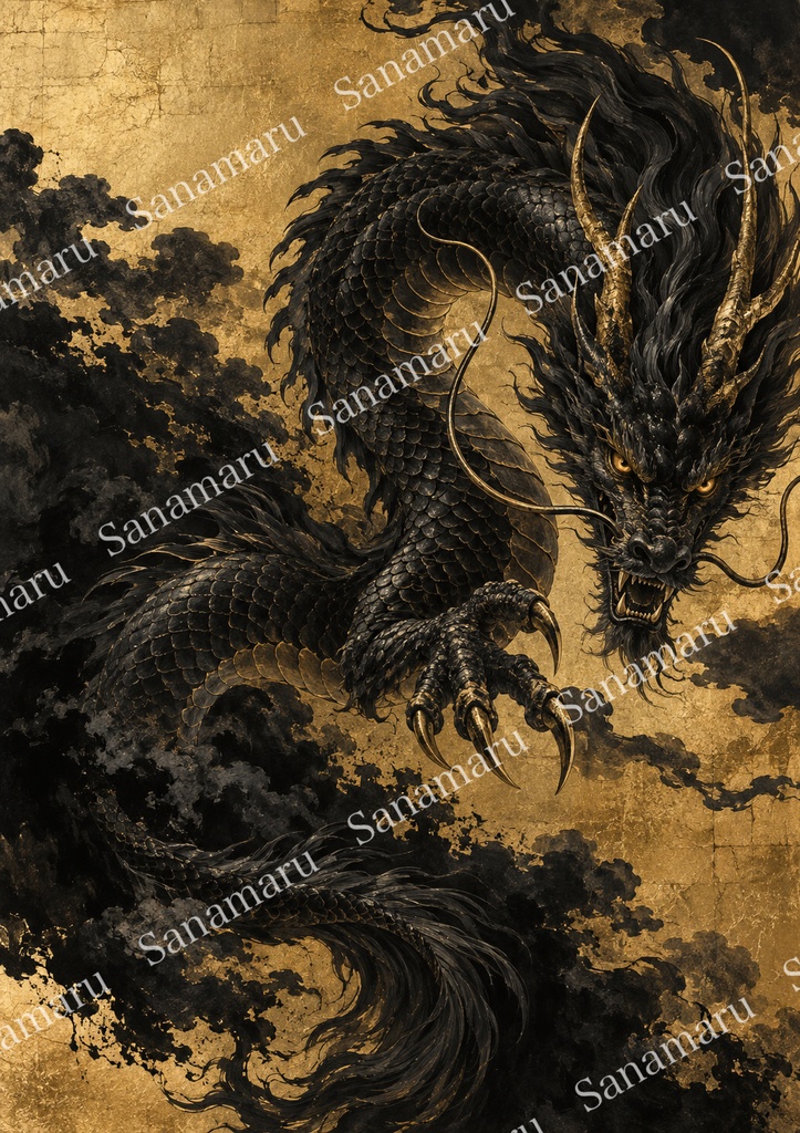 黒龍降臨|漆黒×金 迫力の和モダンアート A4