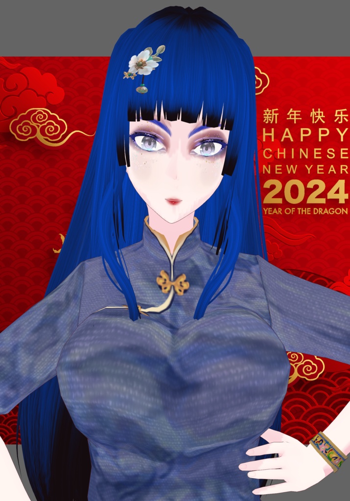 Blue Embroidered Qipao long dress quarter sleeves