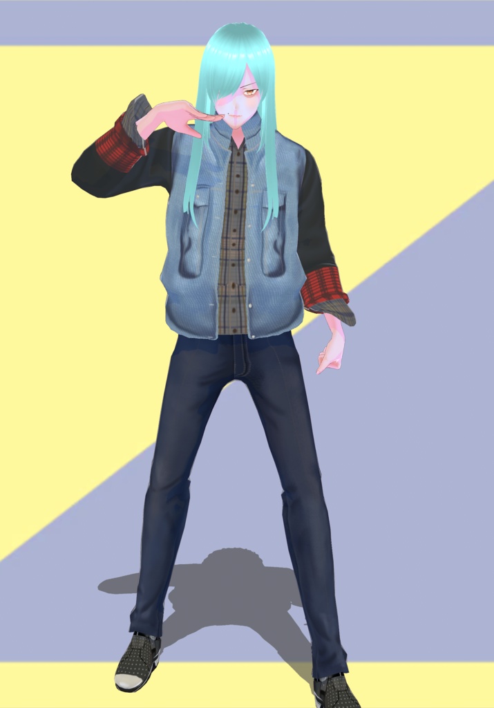 Mens Denim Leather and Plaid Vintage Jacket with Shirt