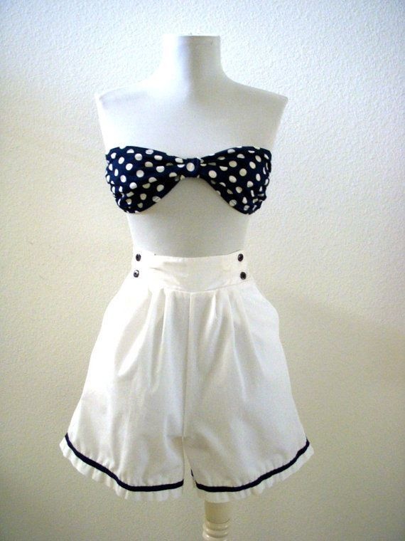 Vintage 80s Two Piece Swimsuit Nautical White Shorts