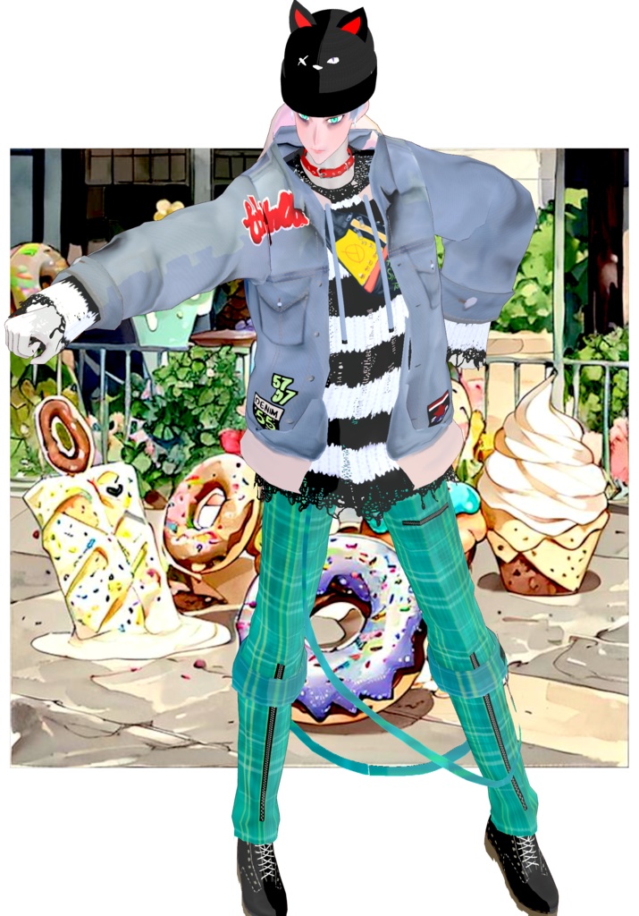 Plaid/Denim And Patches Set Vintage Harajuku 80s Tokyo Street