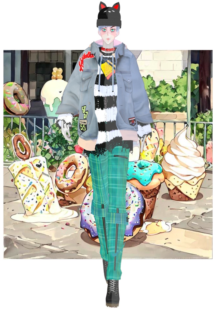 Plaid/Denim And Patches Set Vintage Harajuku 80s Tokyo Street