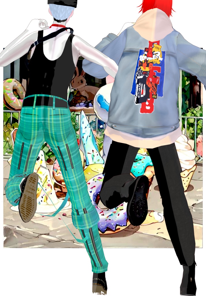 Plaid/Denim And Patches Set Vintage Harajuku 80s Tokyo Street