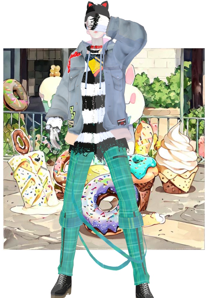 Plaid/Denim And Patches Set Vintage Harajuku 80s Tokyo Street