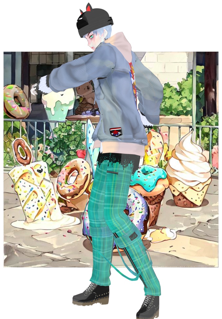 Plaid/Denim And Patches Set Vintage Harajuku 80s Tokyo Street