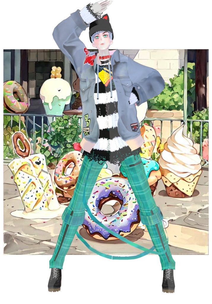 Plaid/Denim And Patches Set Vintage Harajuku 80s Tokyo Street