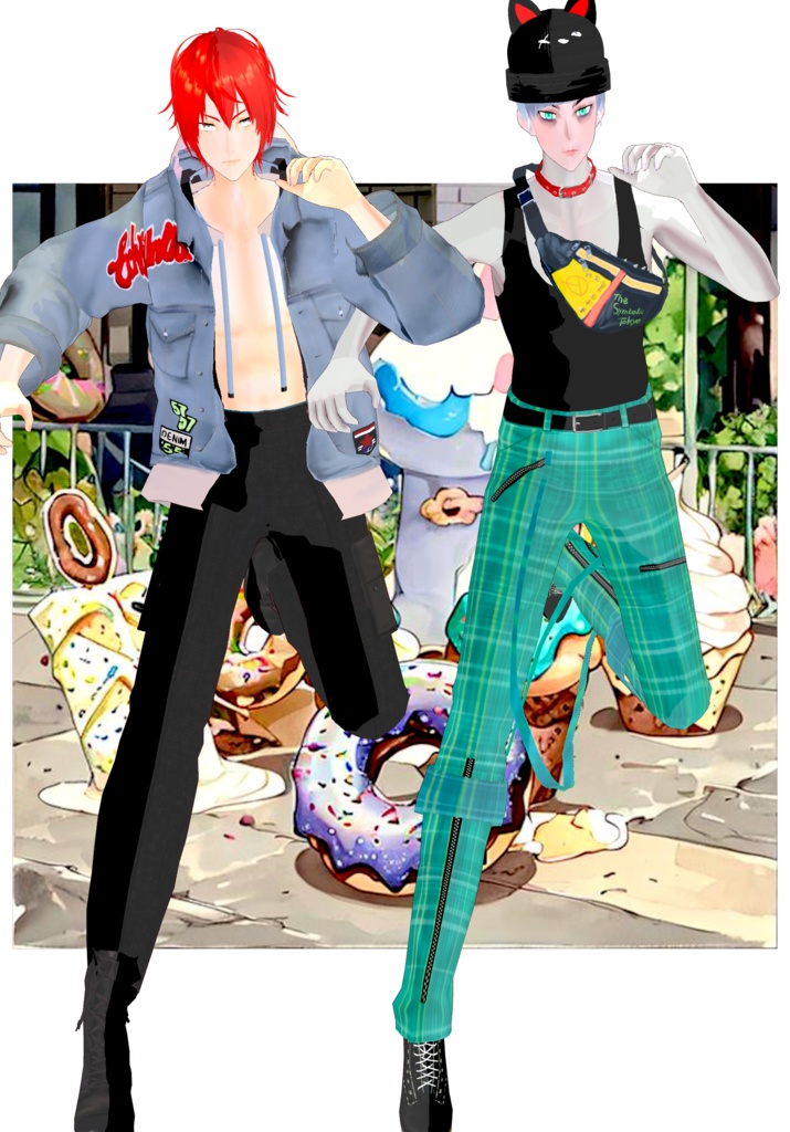 Plaid/Denim And Patches Set Vintage Harajuku 80s Tokyo Street