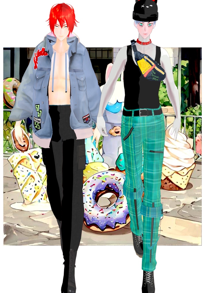 Plaid/Denim And Patches Set Vintage Harajuku 80s Tokyo Street