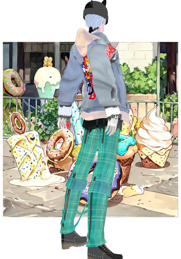 Plaid/Denim And Patches Set Vintage Harajuku 80s Tokyo Street